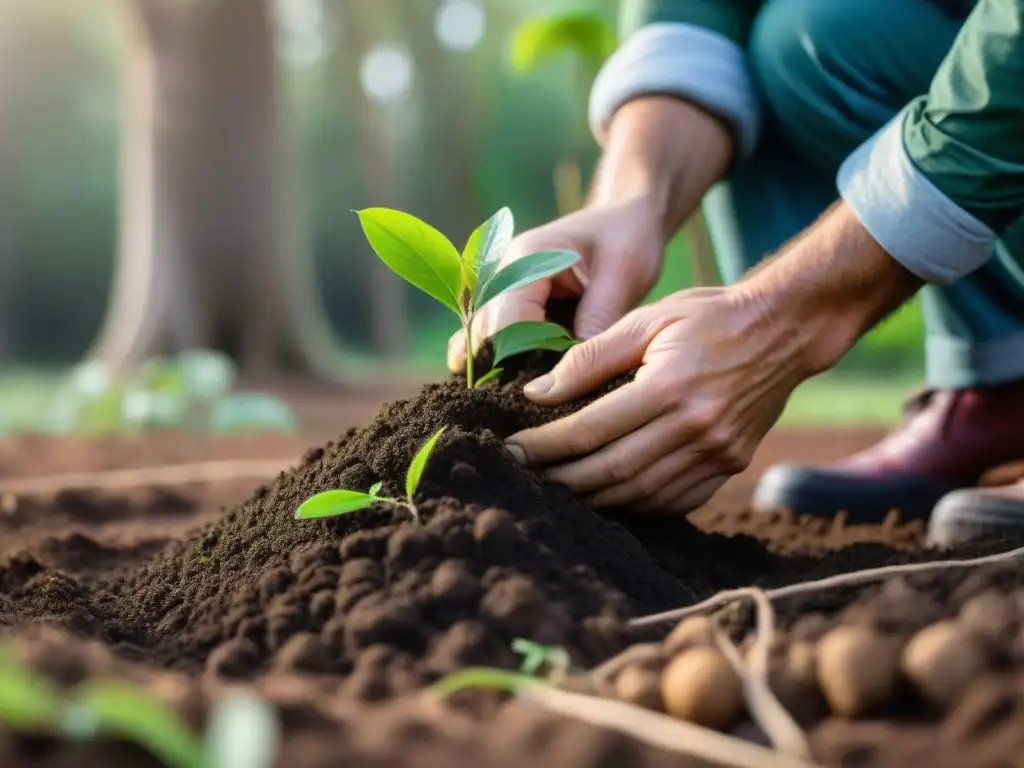 Voluntariado ambiental en Uruguay: Manos cuidadosas plantan árbol nativo en tierra fértil, bajo el sol entre la exuberante vegetación