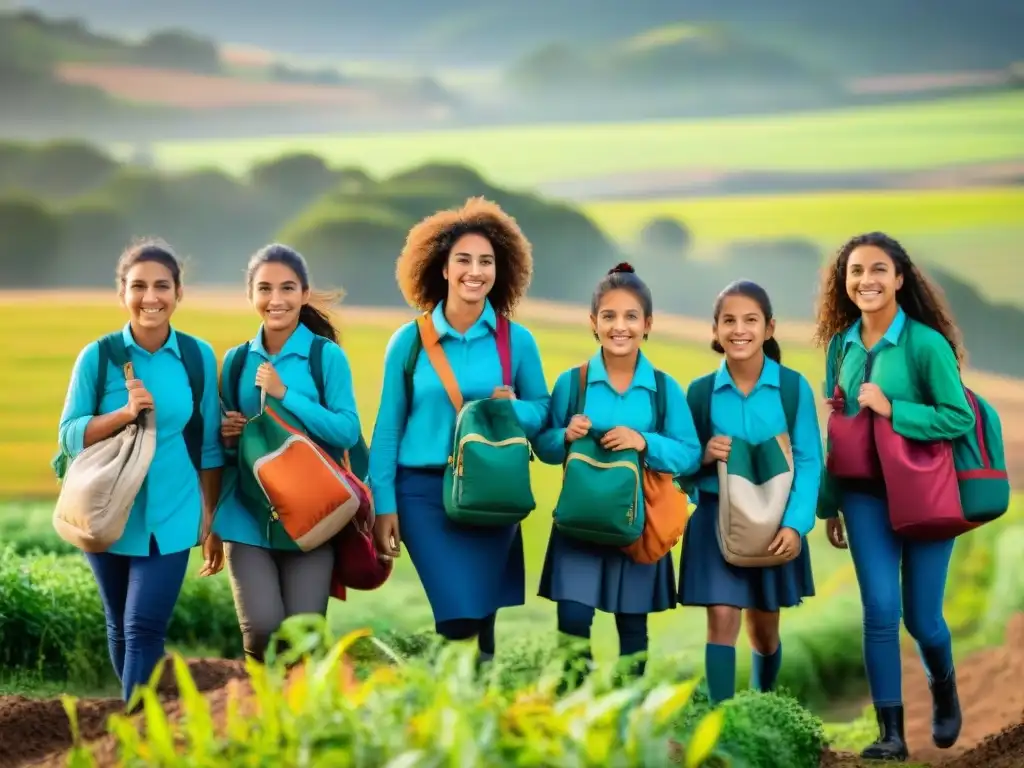 Voluntariado ambiental en Uruguay: Niños sonrientes plantan árboles en campo rural, con mochilas coloridas hechas de materiales reciclados