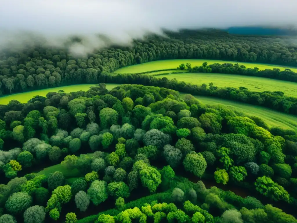 Voluntariado ambiental en Uruguay: bosque verde con río serpenteante y voluntarios plantando árboles