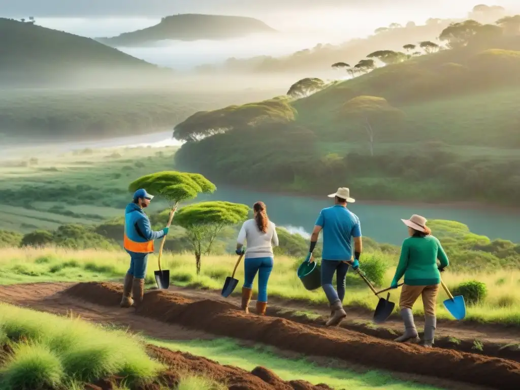 Voluntariado ambiental en Uruguay: Diversos voluntarios plantan árboles nativos en un frondoso bosque, bajo el cálido sol