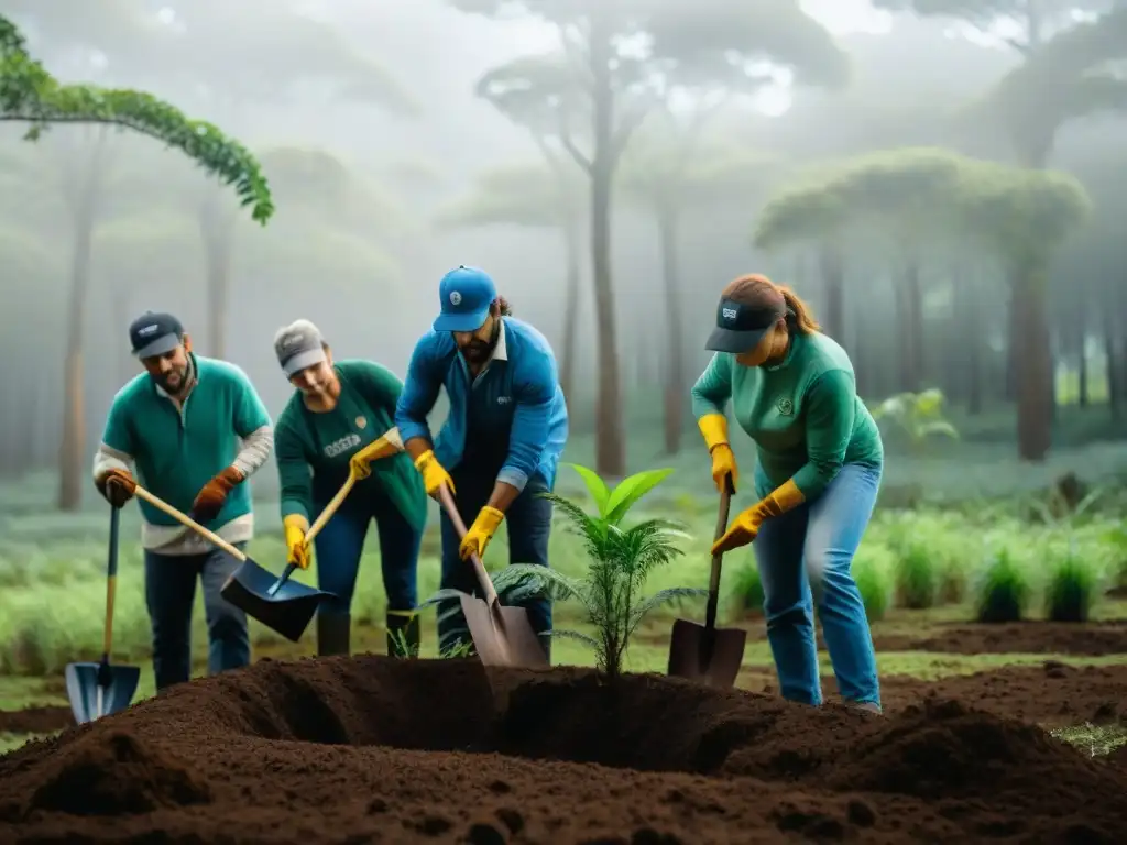 Voluntariado ambiental en Uruguay: Grupo de voluntarios plantando árboles nativos en un bosque exuberante