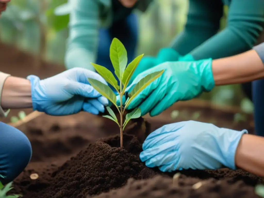 Voluntariado ambiental en Uruguay: Grupo de voluntarios plantando árboles en un exuberante bosque, cuidando la naturaleza