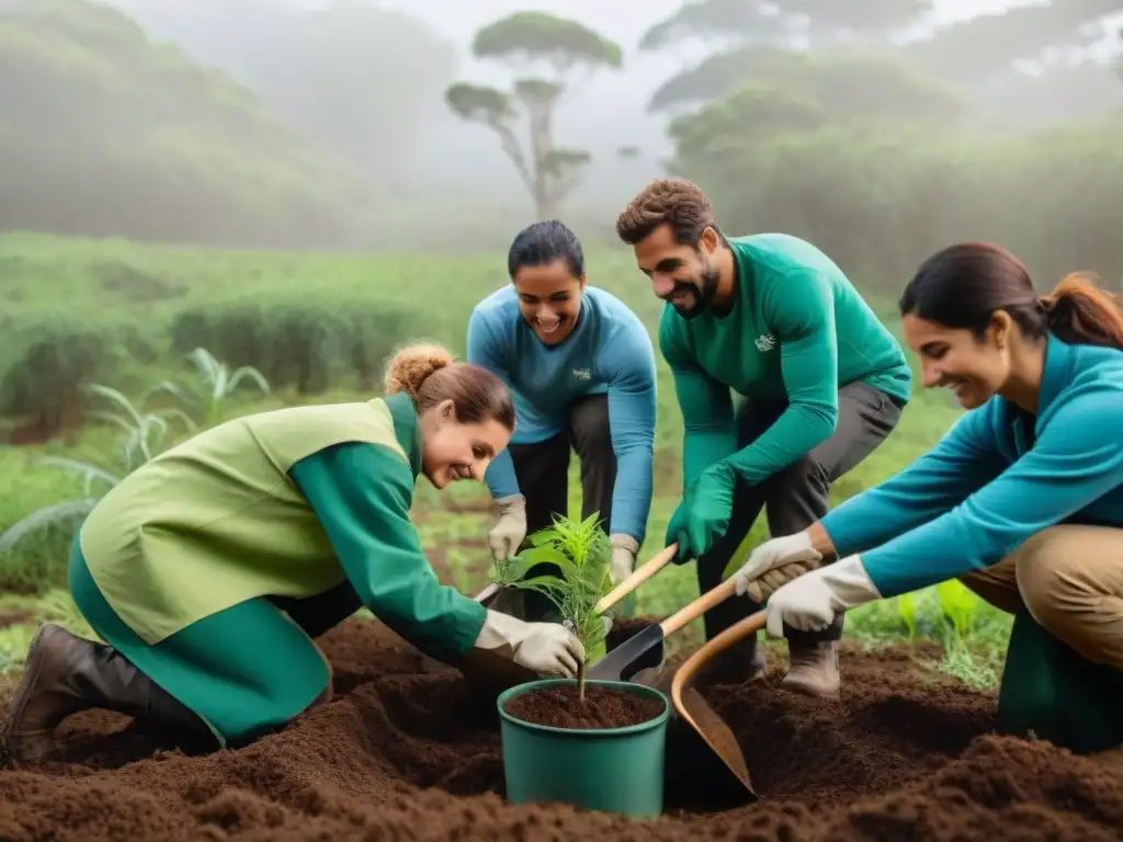 Voluntariado ambiental en Uruguay: Diversos voluntarios plantan árboles en un bosque verde, bajo la cálida luz del sol