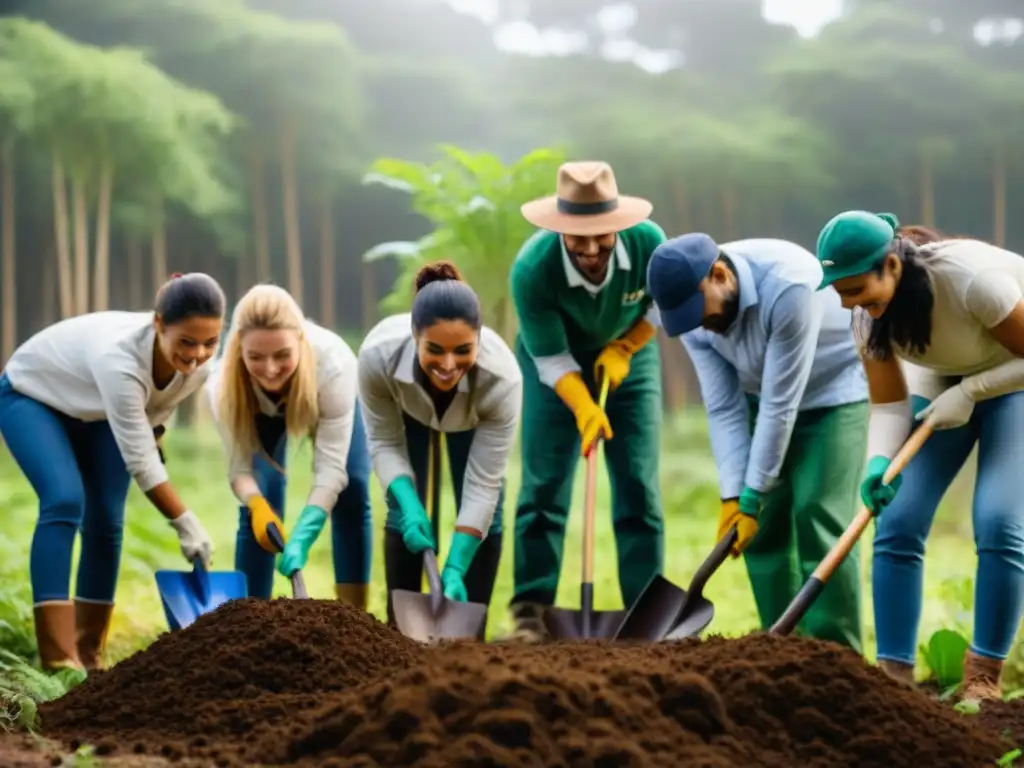 Voluntariado ambiental en Uruguay: Diversos voluntarios plantan árboles nativos en un bosque verde, bajo el sol