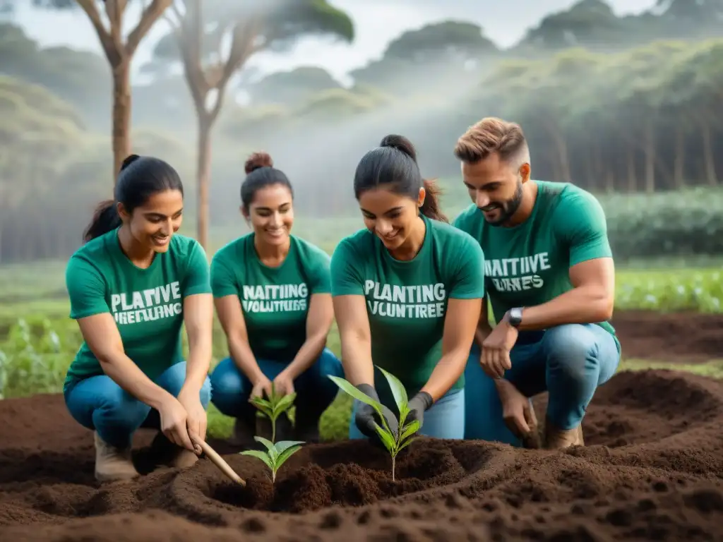 Voluntariado ambiental en Uruguay: voluntarios plantan árboles nativos en bosque exuberante