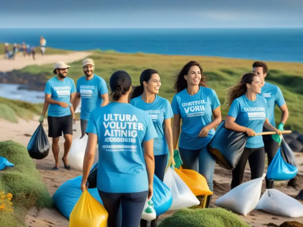 Voluntariado ambiental en Uruguay: voluntarios recogiendo basura en la costa, uniendo comunidad por un mundo más limpio