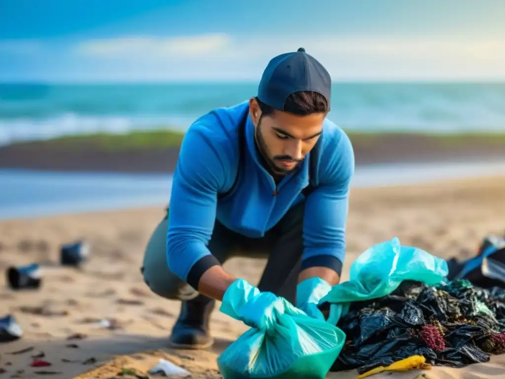 Voluntariado ambiental en Uruguay: Diversos voluntarios limpiando una playa, con expresiones concentradas y bolsas de basura llenas