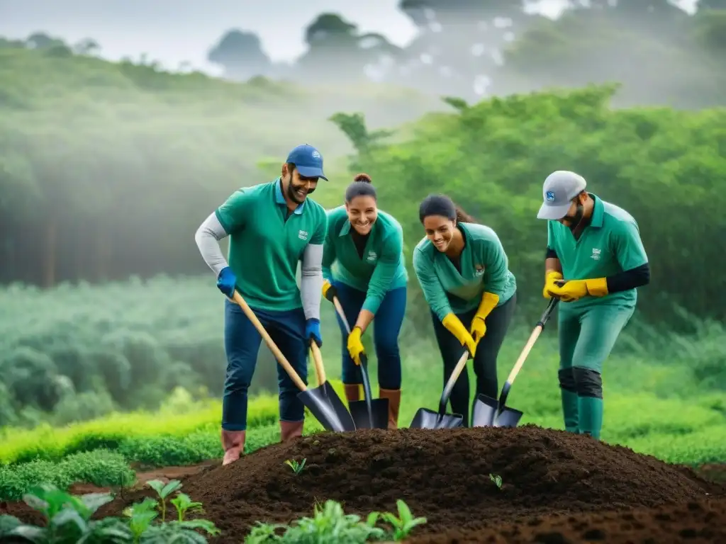 Voluntariado ambiental en Uruguay: Diversos voluntarios sonrientes plantan árboles nativos en un bosque exuberante, bajo el sol