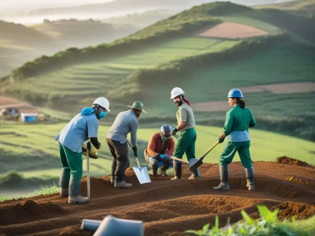 Voluntariado en áreas remotas Uruguay: Diversidad y trabajo en equipo construyendo viviendas sostenibles al atardecer