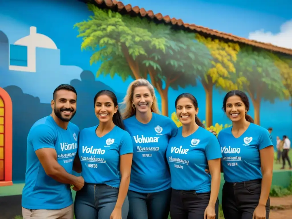 Voluntariado en Uruguay: Grupo diverso en acción solidaria frente a mural vibrante, mostrando unidad y comunidad