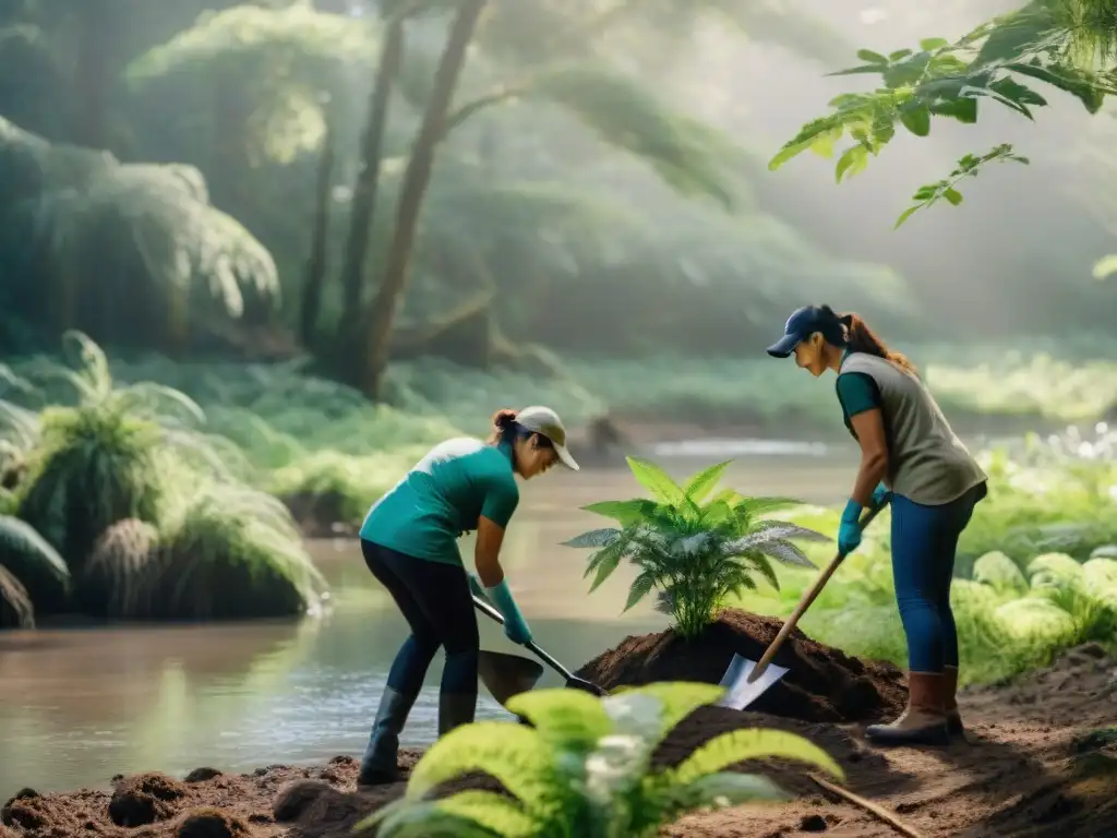 Voluntariado restaurando ecosistemas en Uruguay: comunidad plantando árboles en un bosque verde mientras el sol brilla entre las copas