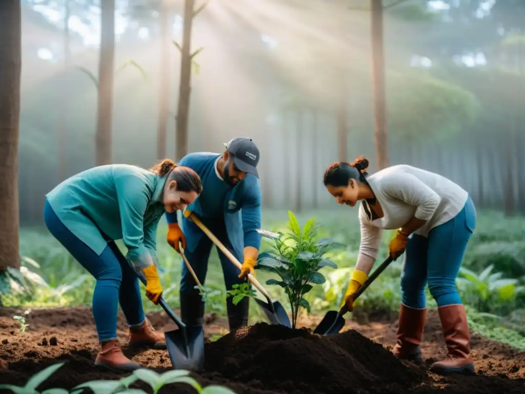 Voluntariado restaurando ecosistemas en Uruguay: diversidad plantando árboles nativos en un bosque verde y exuberante