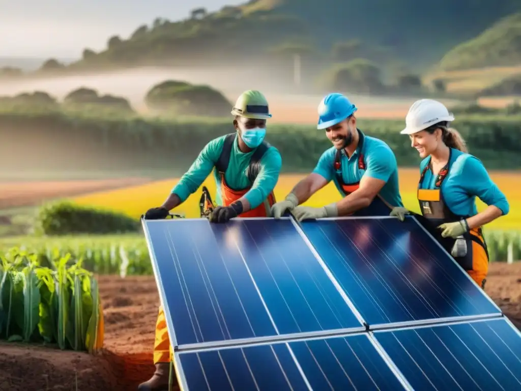 Voluntariado energía renovable en Uruguay instalando paneles solares en comunidad rural, unidos por un futuro sostenible