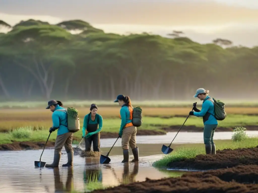 Voluntariado en humedales uruguayos: Grupo de voluntarios plantando vegetación nativa en un humedal al atardecer