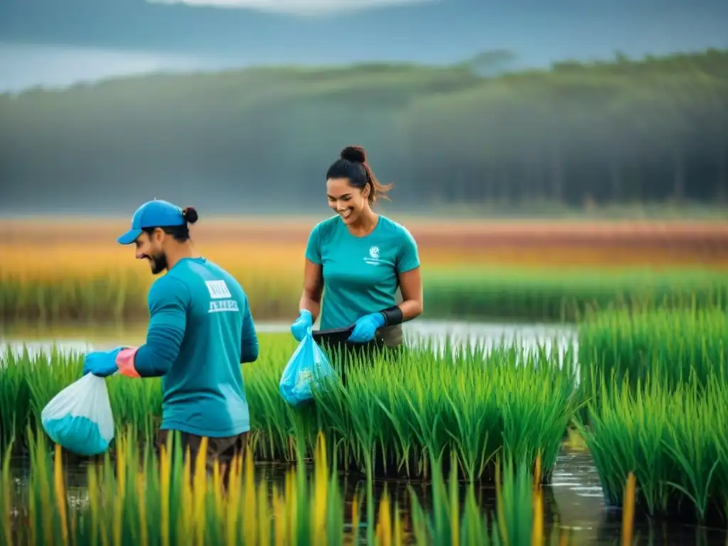 Voluntariado en humedales uruguayos: Grupo diverso de voluntarios sonrientes limpian humedal rodeado de naturaleza exuberante