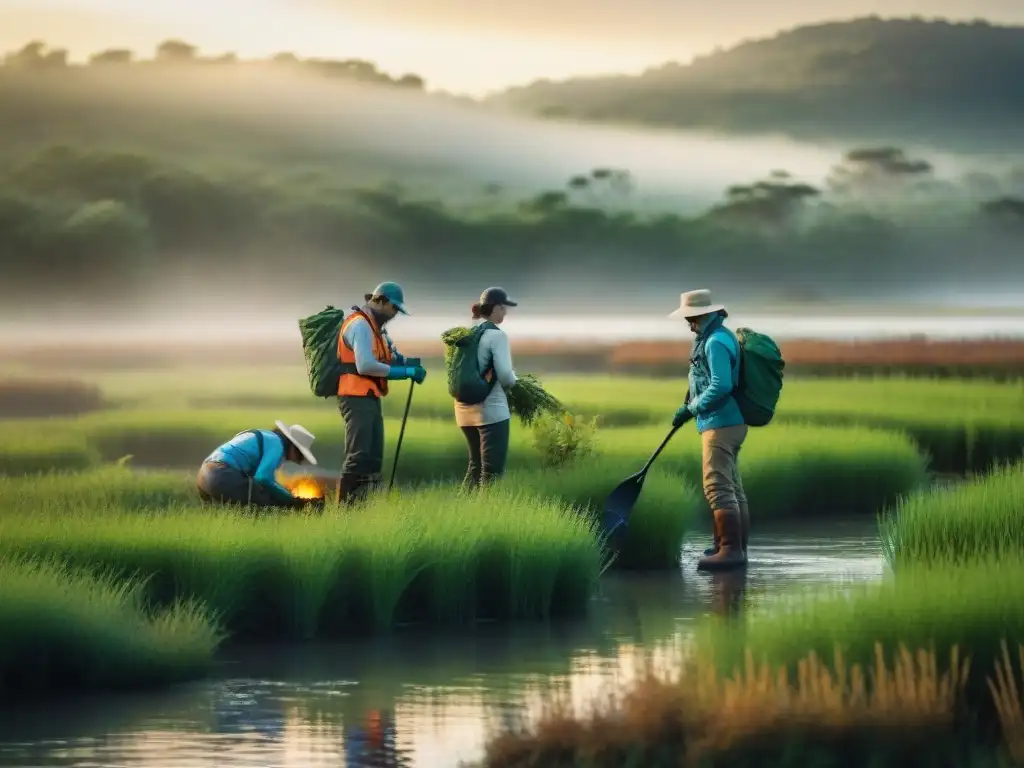 Voluntariado en humedales uruguayos: Diversos voluntarios trabajan en preservar la naturaleza al atardecer