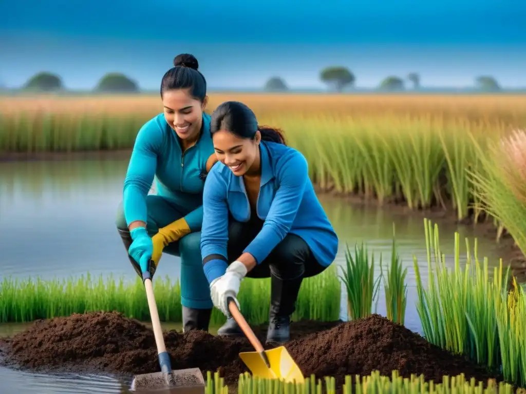 Voluntariado en humedales uruguayos: Diversos voluntarios plantan vegetación nativa bajo un cielo azul en un humedal exuberante