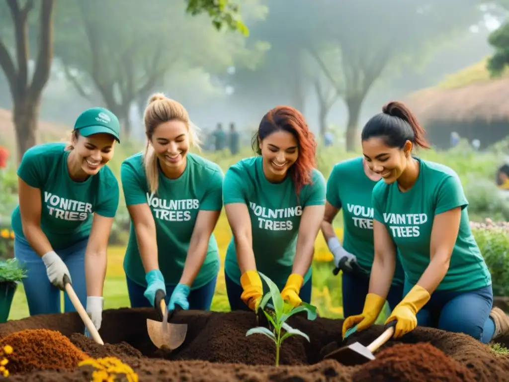 Plantación comunitaria de árboles nativos en jardín botánico de Uruguay Voluntariado en museos naturales Uruguay: Grupo alegre planta árboles nativos en jardín botánico exuberante