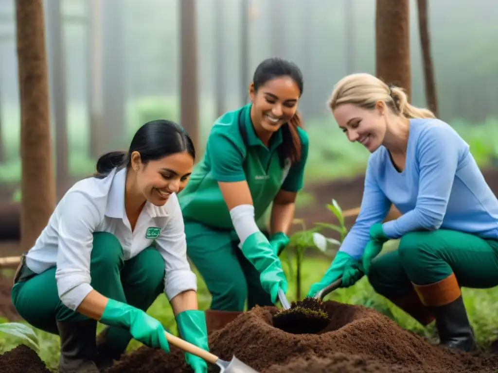 Voluntariado en parques nacionales de Uruguay: plantando árboles en comunidad bajo el sol en un bosque exuberante