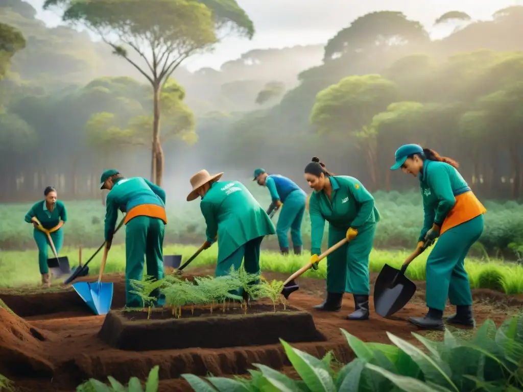 Voluntariado en parques nacionales de Uruguay: Grupo de voluntarios plantando árboles nativos en un bosque verde y exuberante