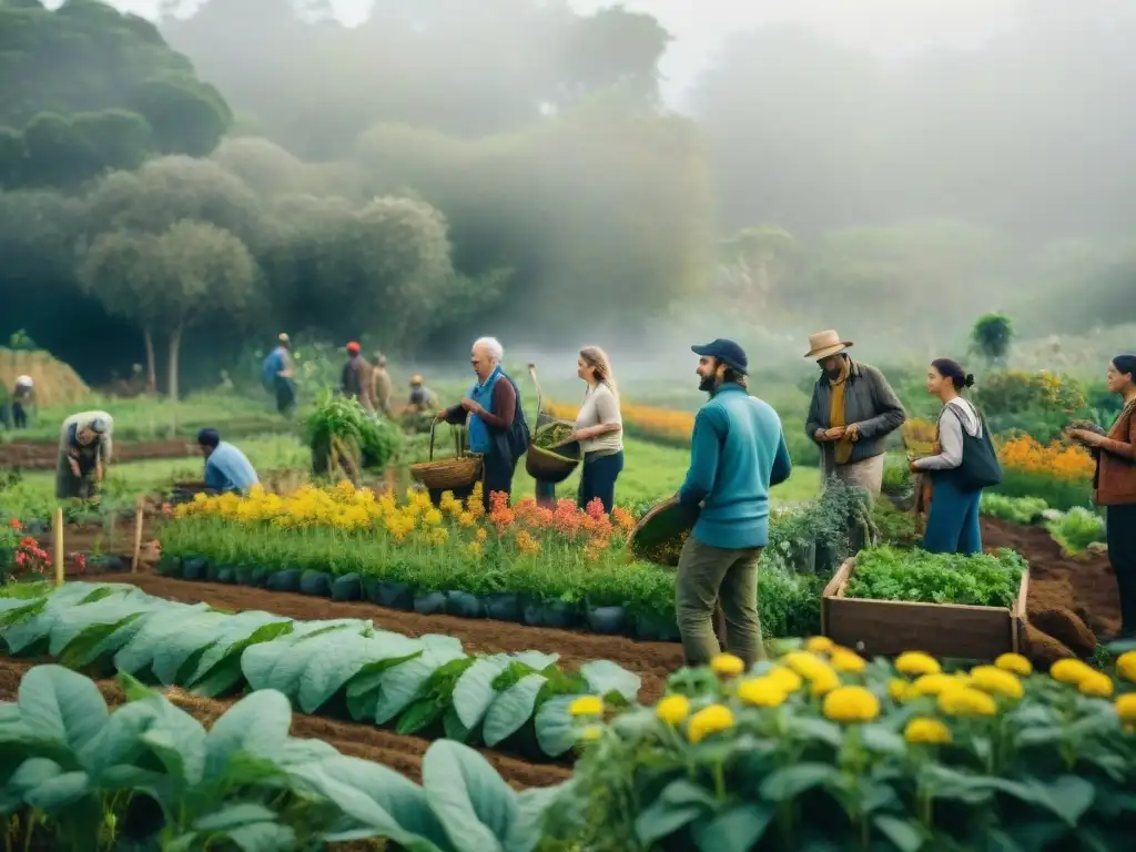 Voluntariado en permacultura en Uruguay: Diversidad de voluntarios trabajando juntos en un jardín sostenible