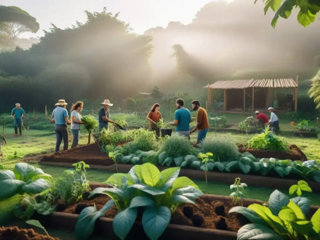 Voluntariado en permacultura en Uruguay: Diversidad de voluntarios colaborando en armonía en un jardín sostenible