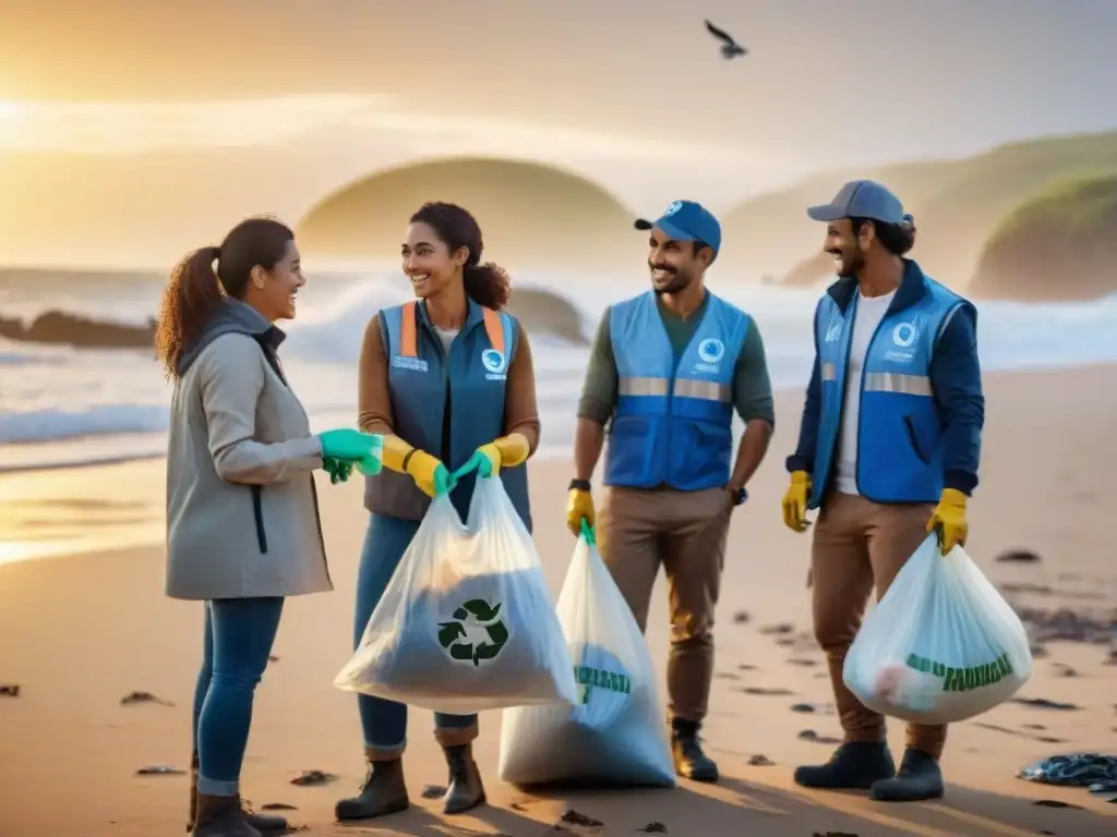 Voluntariado reciclando en la playa de Uruguay al atardecer, creando un ambiente sostenible