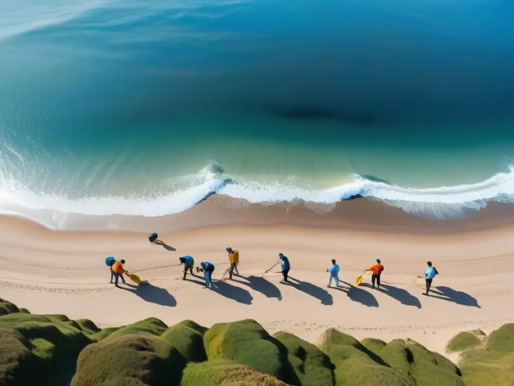 Voluntariado limpieza playas Uruguay: Grupo diverso limpia enérgicamente una hermosa playa, impactando positivamente el medio ambiente