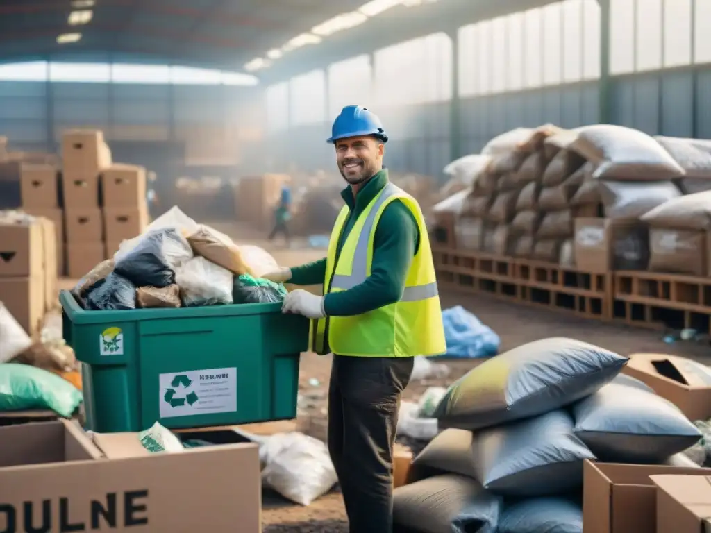 Voluntariado reciclaje residuos Uruguay: Diversidad de voluntarios colaboran en planta de reciclaje, clasificando materiales con conciencia ambiental