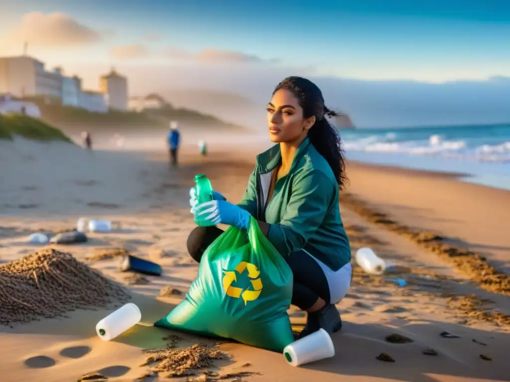 Voluntariado recogiendo residuos en playa de Uruguay al atardecer