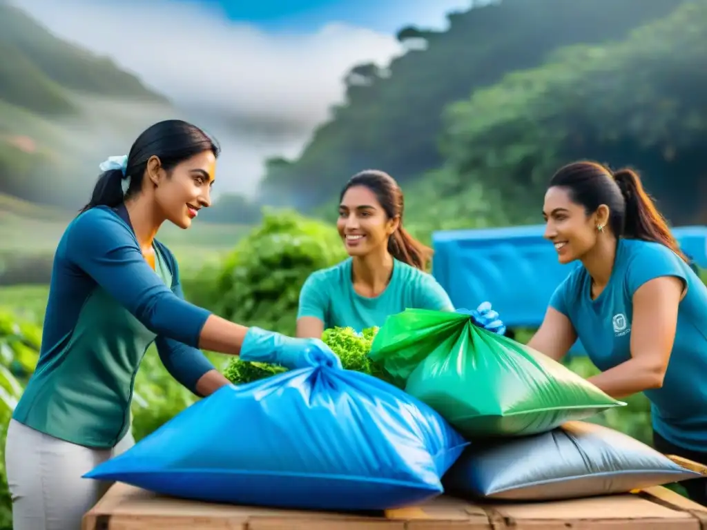 Voluntariado reciclaje residuos Uruguay: Grupo variado clasifica materiales reciclables bajo el sol, entre árboles verdes y cielo azul