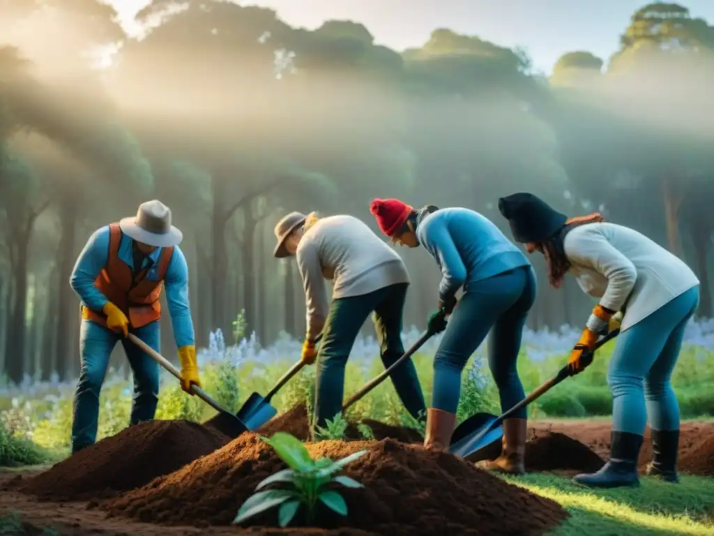 Voluntariado preservando riquezas naturales en Uruguay: grupo de voluntarios plantando árboles nativos en un frondoso bosque