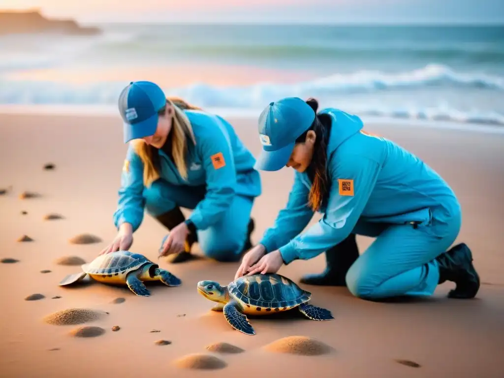 Voluntariado en Uruguay libera crías de tortugas marinas al mar al atardecer, escena de conservación marina