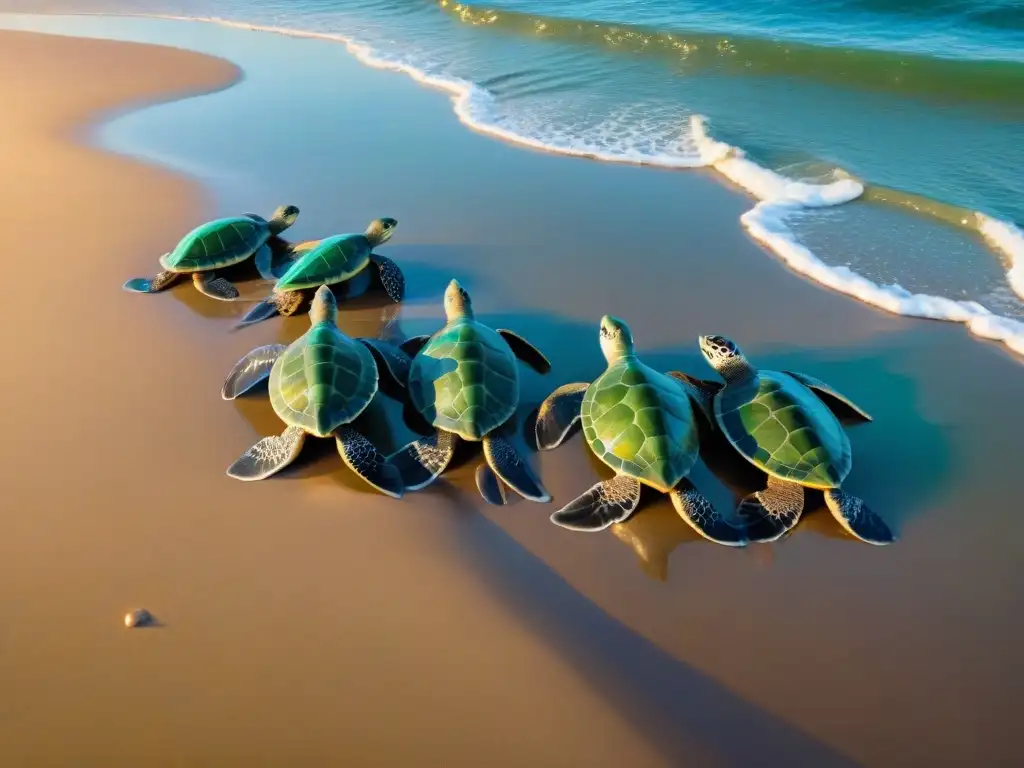 Voluntariado en Uruguay liberando tortugas marinas al mar al atardecer