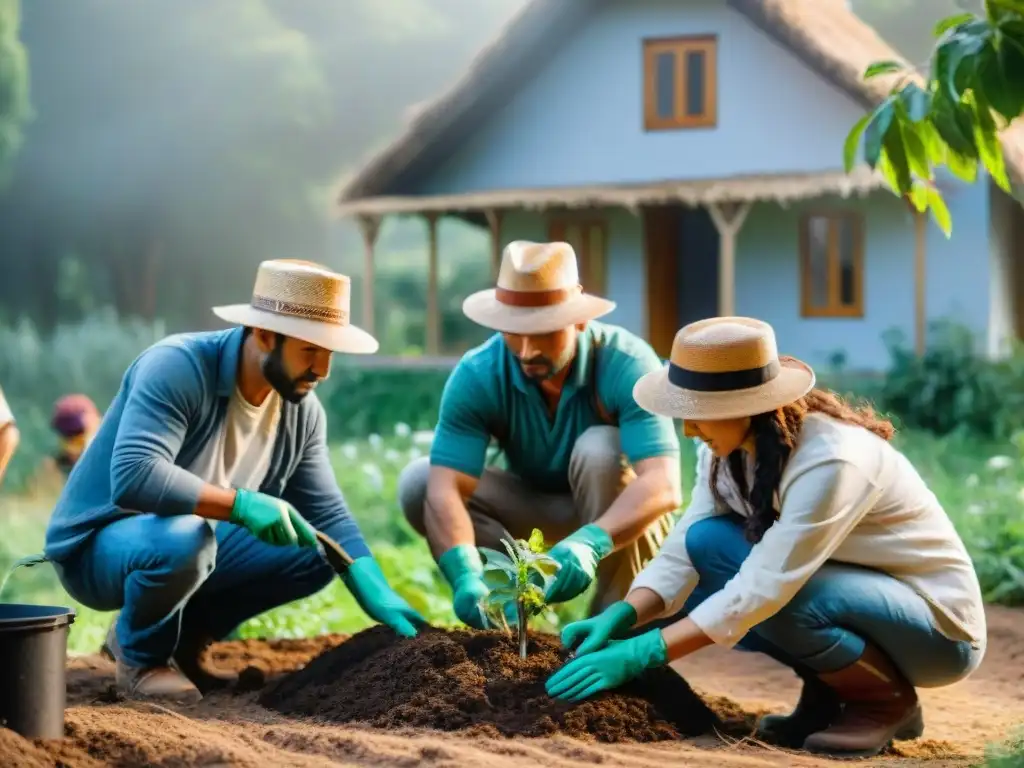 Voluntariado en permacultura Uruguay: Diversos voluntarios plantan árboles nativos juntos en un jardín exuberante y sostenible, bajo el cálido sol