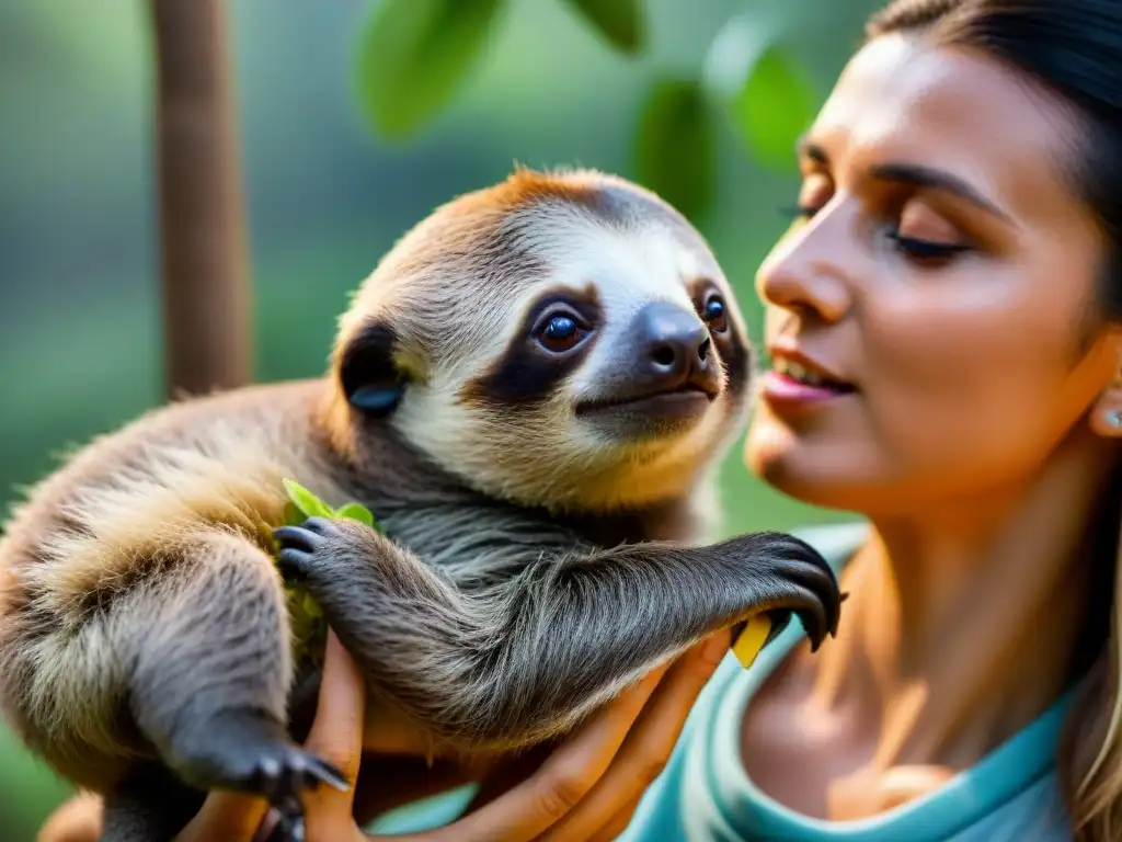 Un voluntario alimenta con ternura a un perezoso bebé en un centro de rescate de fauna en Uruguay