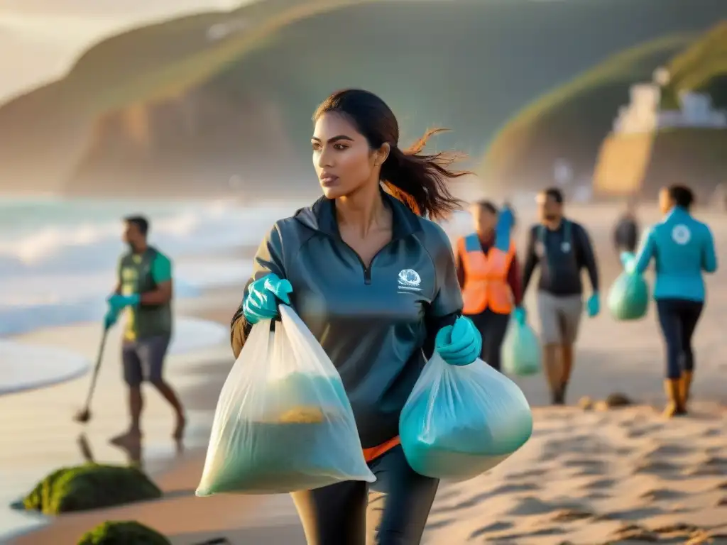 Voluntarios ambientales limpiando plástico al amanecer en la costa de Uruguay