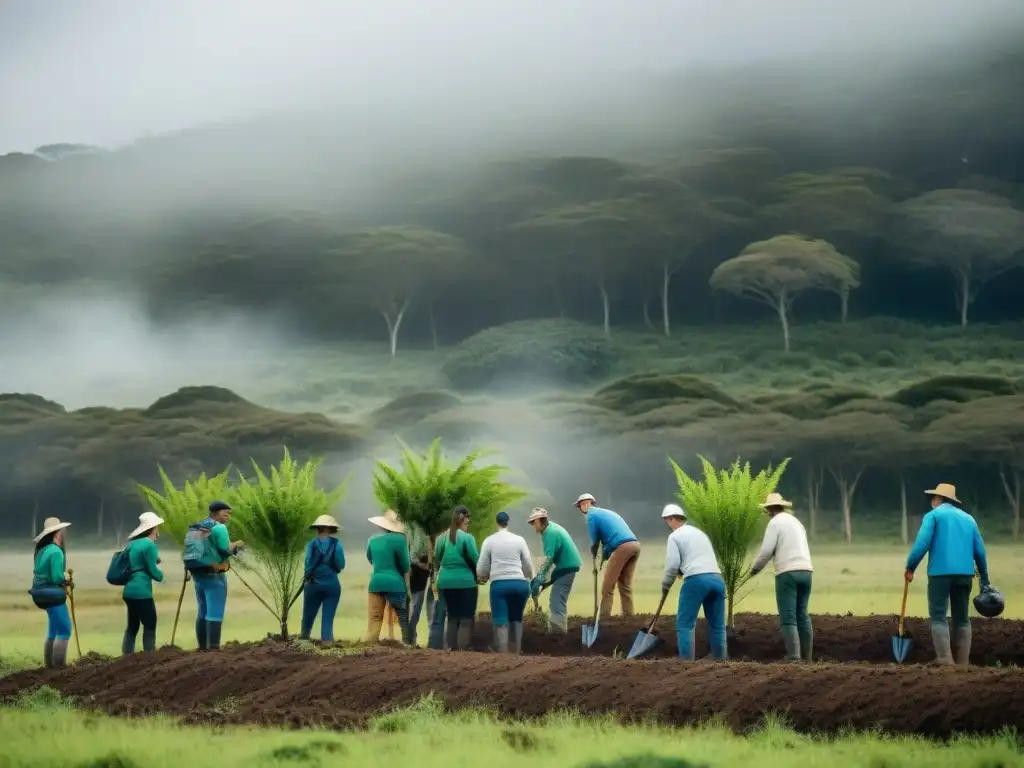 Voluntarios apasionados trabajan juntos en proyecto de conservación en Uruguay, plantando árboles jóvenes