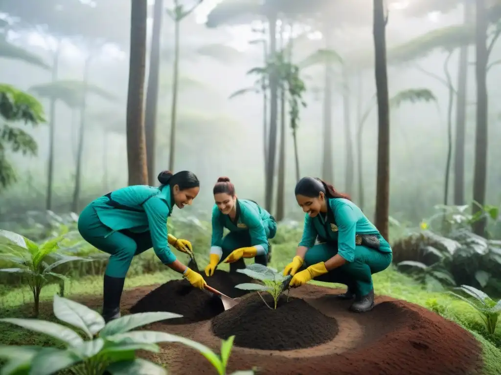 Voluntarios plantando árboles en un bosque de Uruguay, rodeados de mariposas coloridas