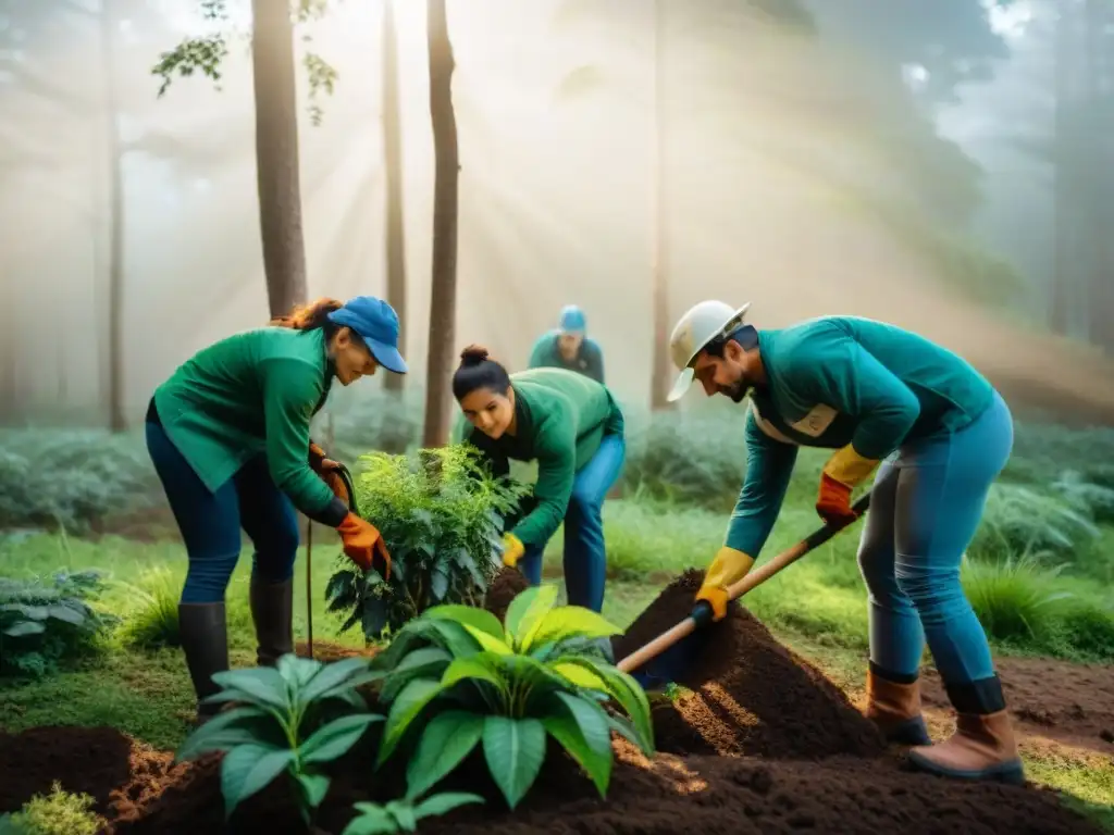 Voluntarios plantando árboles en bosque uruguayo, destacando la conservación y el trabajo en equipo en proyectos de conservación en Uruguay