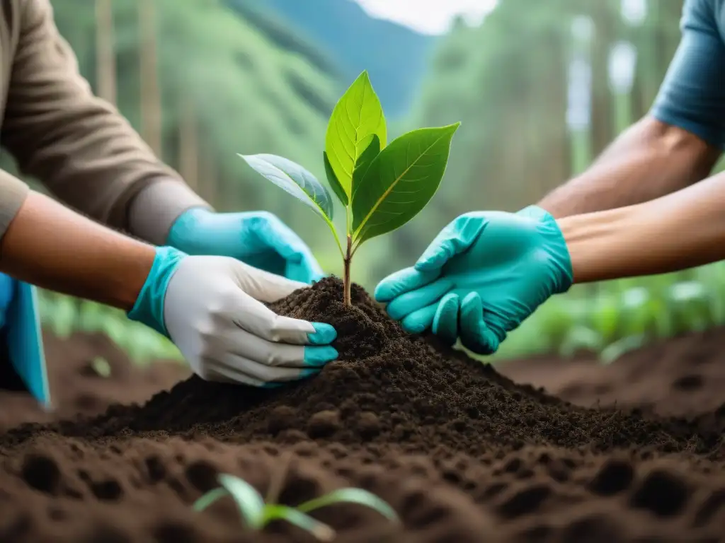 Voluntarios plantando árboles en un exuberante bosque de Uruguay, mostrando el compromiso con Ecoturismo en Uruguay proyectos ambientales