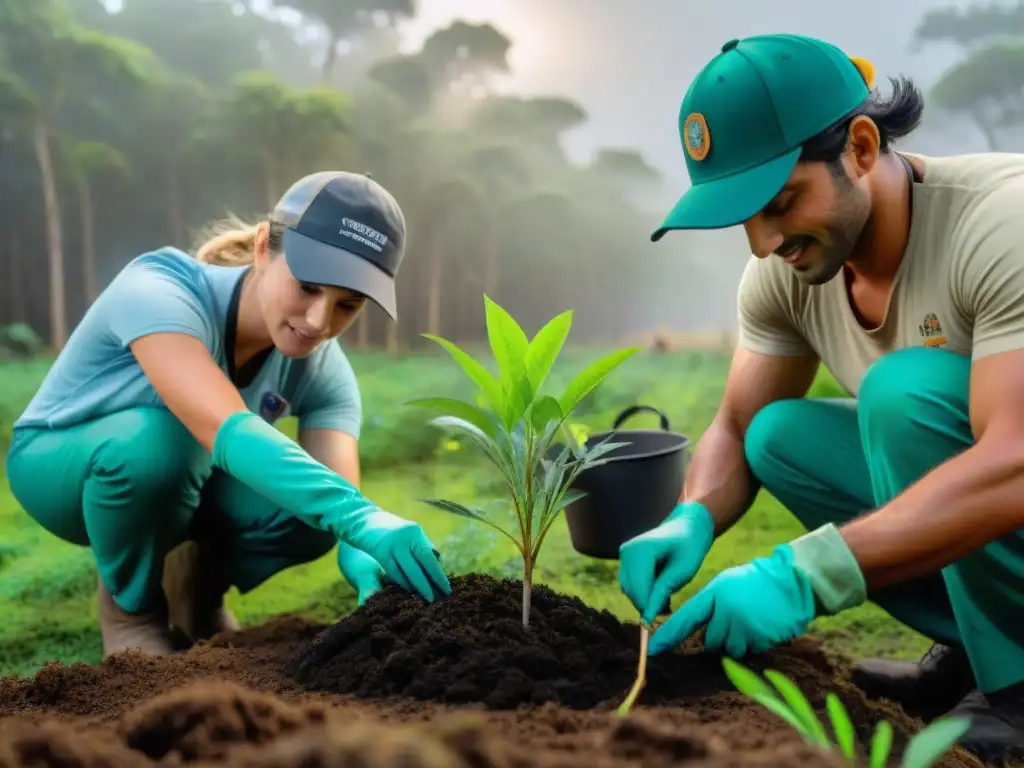 Voluntariado conservación fauna en Uruguay: Grupo de voluntarios plantando árboles nativos en un bosque exuberante