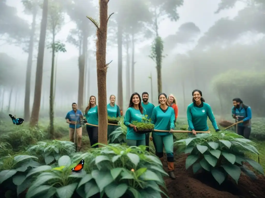 Voluntarios protegiendo la biodiversidad en Uruguay, plantando árboles nativos en un bosque verde con mariposas y aves