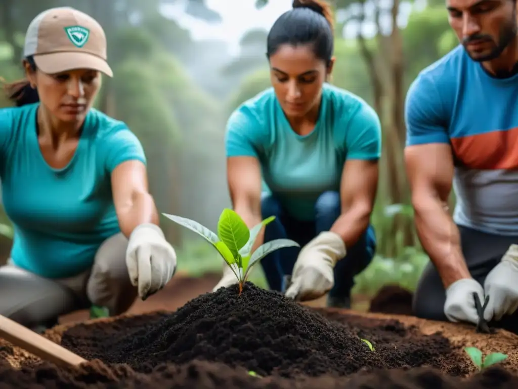 Voluntarios protegiendo la biodiversidad en Uruguay, plantando árboles nativos en un bosque exuberante