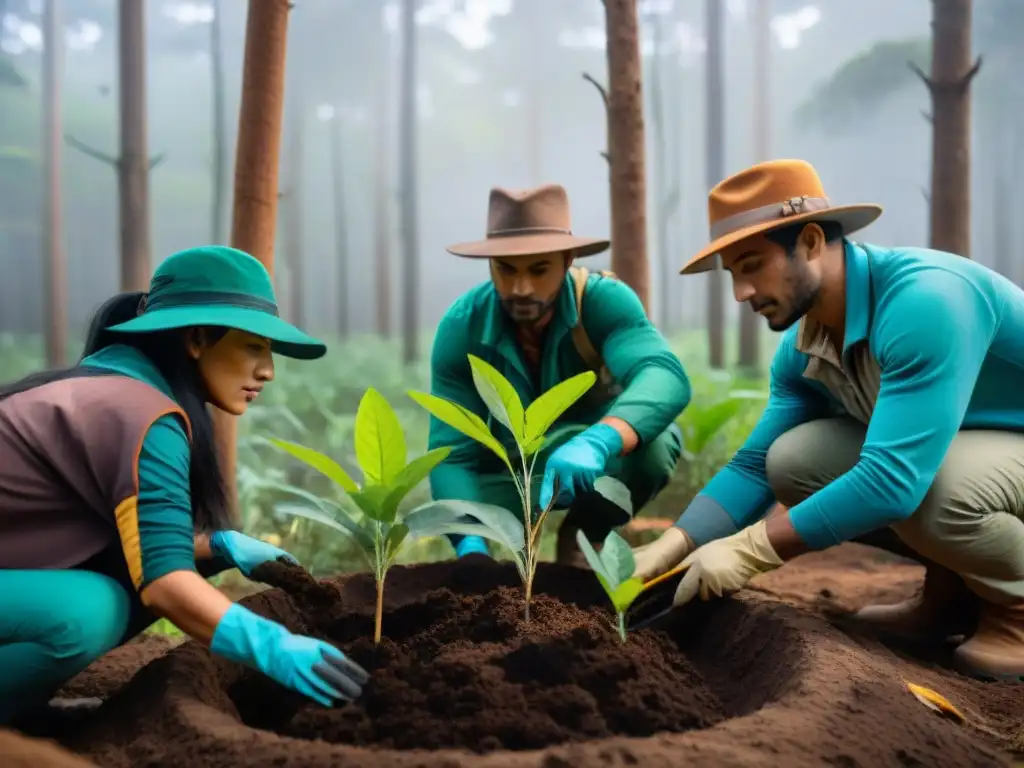 Voluntarios plantando árboles nativos en un bosque vibrante de Uruguay