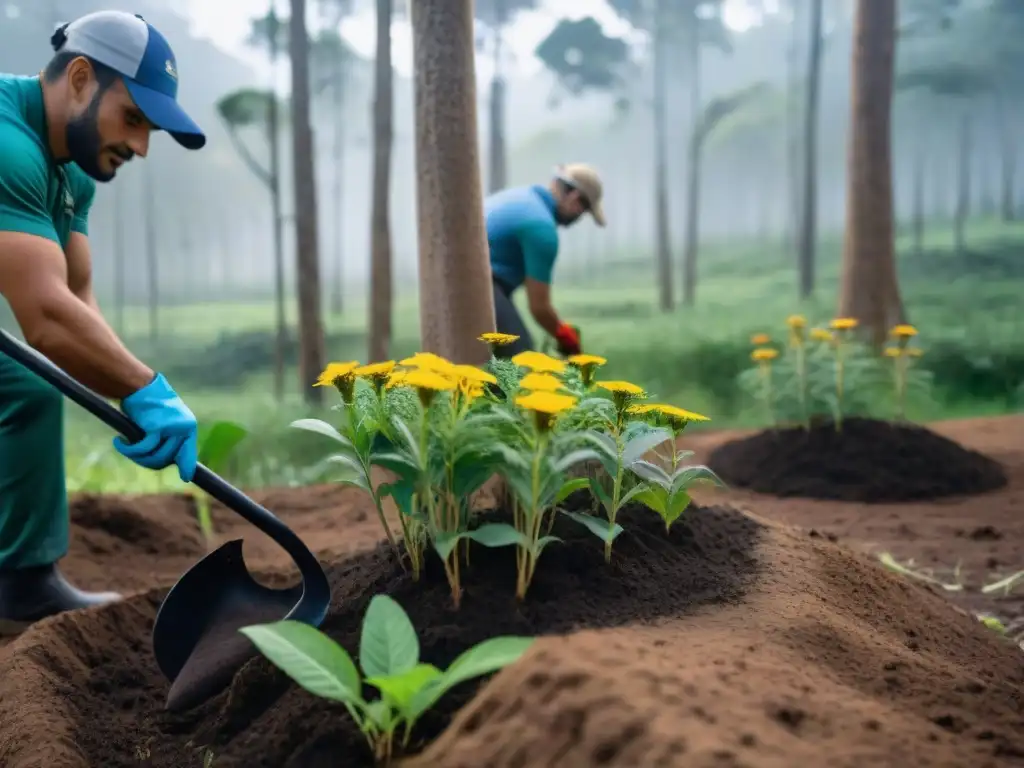 Voluntarios plantando árboles nativos en bosque uruguayo