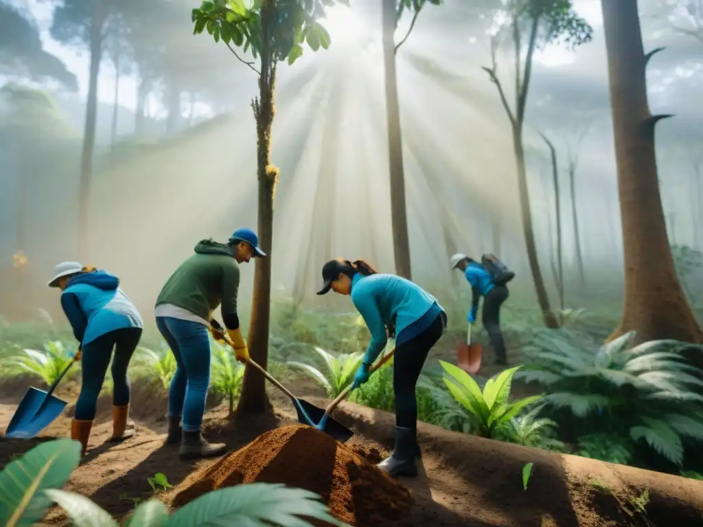 Voluntarios plantando árboles en bosque de Uruguay, esperanza y renovación