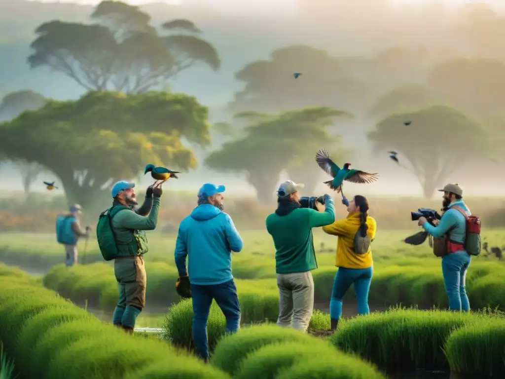 Voluntarios liberando aves nativas en Uruguay, reflejando esperanza y dedicación en la conservación