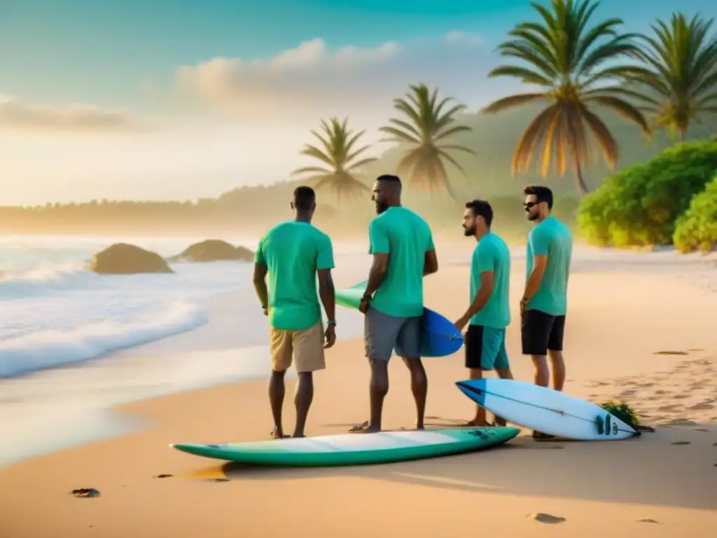 Voluntarios en camisetas verdes limpiando plástico en una playa al amanecer con tablas de surf coloridas