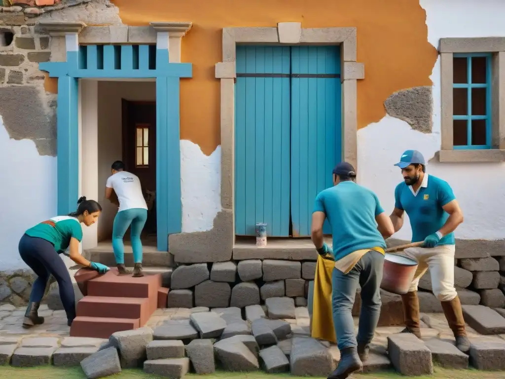 Voluntarios en Colonia del Sacramento restaurando edificio histórico, Protección del patrimonio cultural Uruguay